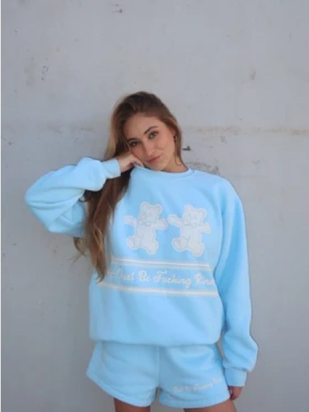 Women’s Light Blue Crewneck Sweatshirt with Teddy Graphic